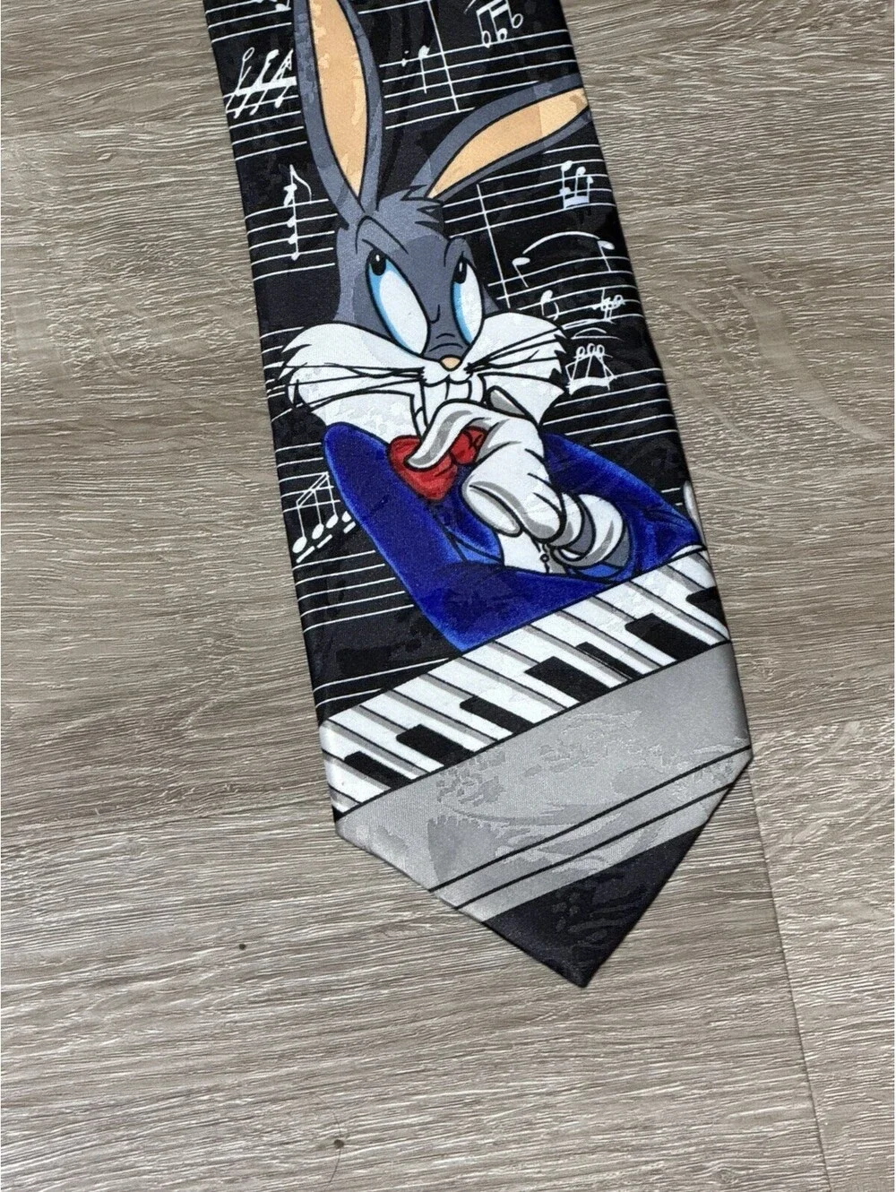 Looney Tunes 1996 Bugs Bunny Mania Mens Tie Warner Bros Black White Music Notes